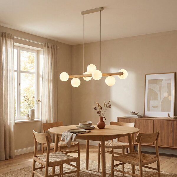 TK Lighting Lampă suspendată Estera, sticlă opală, lemn, șapte lumini, reglabil, Lemn, Camera de zi / sufragerie, Sticlă, glob