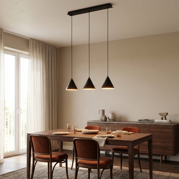 TK Lighting Lampă suspendată Cono, 3 becuri, negru, E27, reglabil, Negru, Camera de zi / sufragerie, Metal, Modern