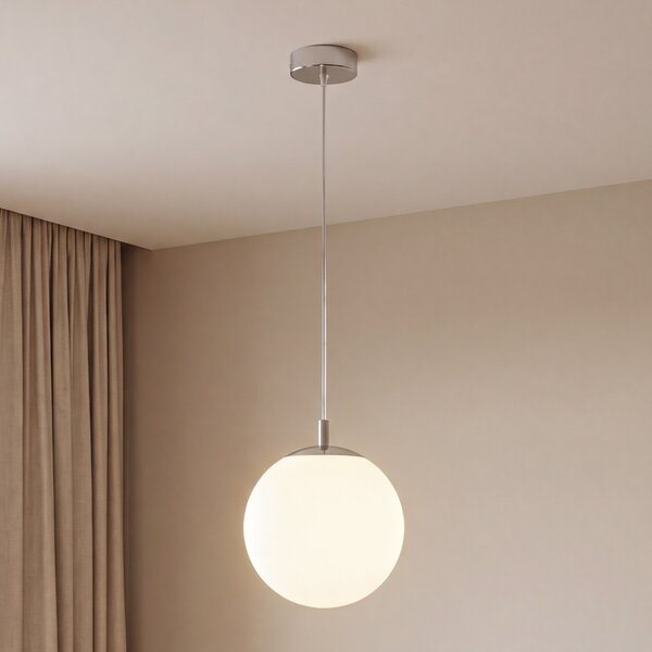 Argon Lampă suspendată Bernike, alb/crom, sticlă, Ø 30 cm, reglabil, Alb, Camera de zi / sufragerie, Sticlă, Modern, glob