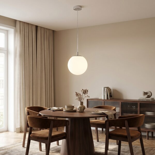 Argon Lampă suspendată Bernike, alb/crom, sticlă, Ø 30 cm, reglabil, Alb, Camera de zi / sufragerie, Sticlă, Modern, glob