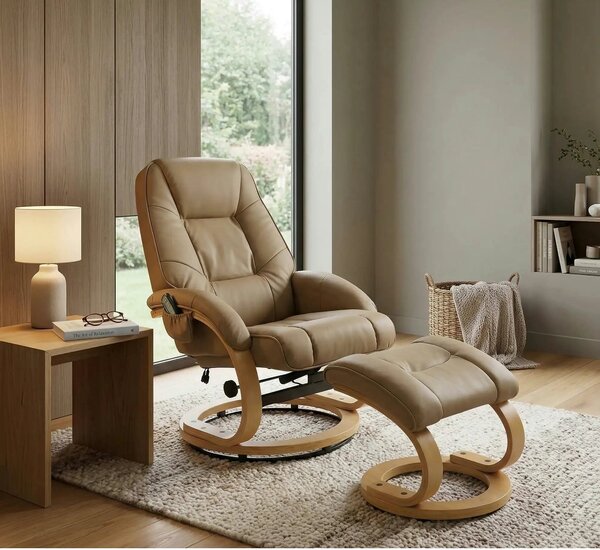 Fotoliu recliner cu taburet MATADOR, bej/stejar, piele ecologica/lemn