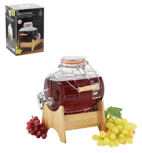 Set butoi 3L din sticla, cu suport din bambus si robinet, maner transpot si capac cu clips, transparent, JollyMag, ZIX1746