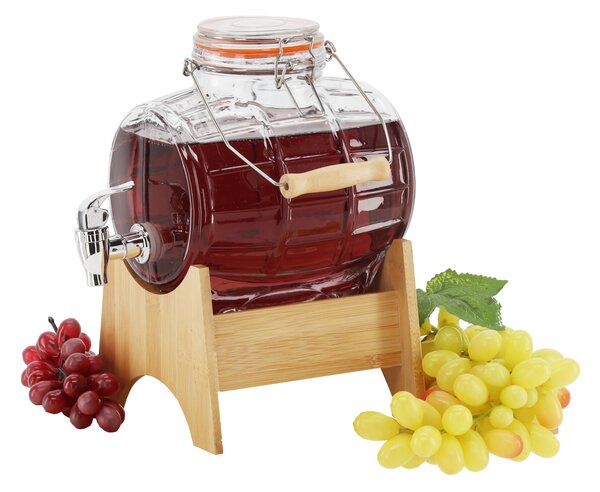 Set butoi 3L din sticla, cu suport din bambus si robinet, maner transpot si capac cu clips, transparent, JollyMag, ZIX1746