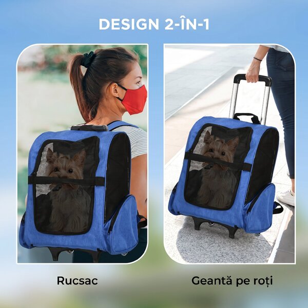 PawHut Rucsac 2-în-1 pentru Câini și Pisici cu Buzunare Laterale, Mâner Telescopic și Roti, 42x25x55 cm, Albastru | Aosom Romania