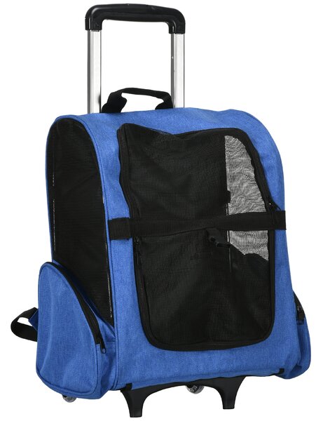 PawHut Rucsac 2-în-1 pentru Câini și Pisici cu Buzunare Laterale, Mâner Telescopic și Roti, 42x25x55 cm, Albastru | Aosom Romania