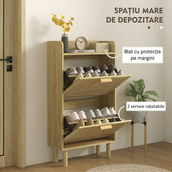 HOMCOM Dulap pentru Pantofi Slim pentru Hol, cu 2 Sertare Rabatabile, Rafturi Reglabile și Blat Superior, Stejar | Aosom Romania