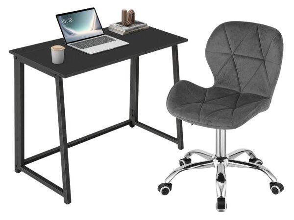 Set pentru birou – birou pliabil ZARIMO 80×40 cm negru + scaun de birou AVOLA VELVET gri