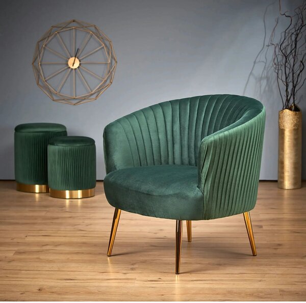 Fotoliu cafenea CROWN, verde inchis/auriu, stofa catifelata/otel, 78x7