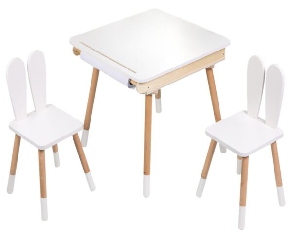 Set pentru copii reglabil BUNNY, masă și 2 scaune, alb/maro ELIS design