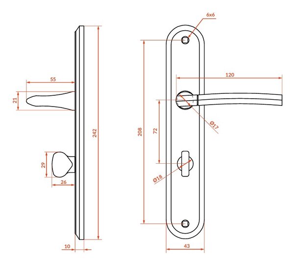 Mâner de ușă Kuchinox Luxor pe feronerie lungă pentru încuietoare de toaletă, satin, LAV-KLU_113A