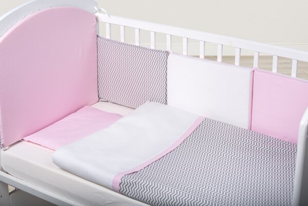 Set de pat pentru bebelusi Chevron Grey Pink 10 piese