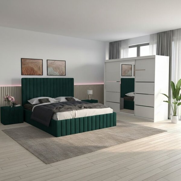 Set Mobila De Dormitor David Alb Verde, pat tapitat verde 160x200cm, dulap 250cm, 2 noptiere si saltea 160x200cm