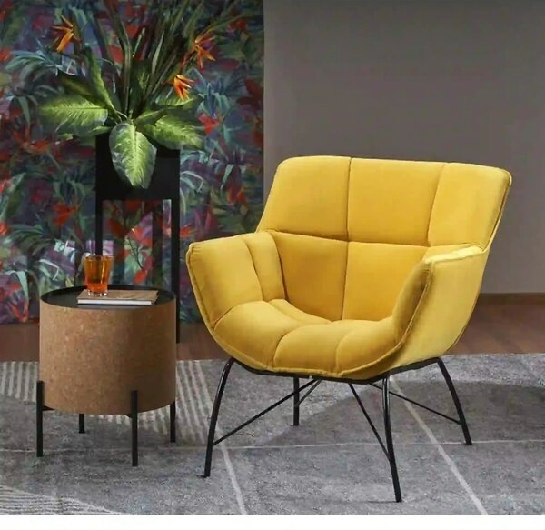 Fotoliu BELTON, galben/negru, stofa catifelata/otel, 74x73x78 cm