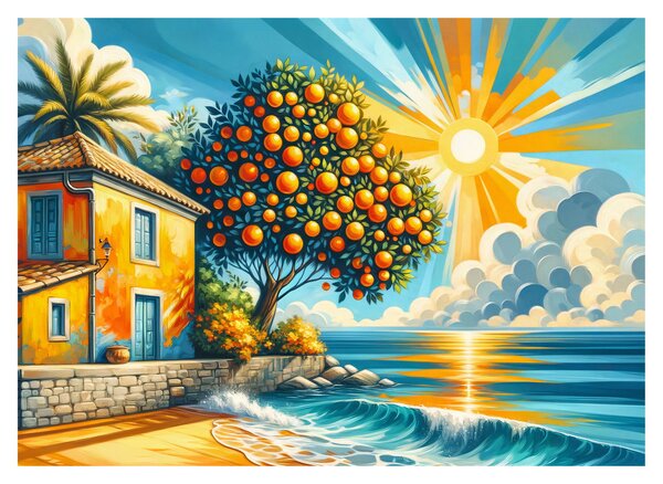 Tablou pe sticlă - Casă cu portocale I. (70x50 cm)