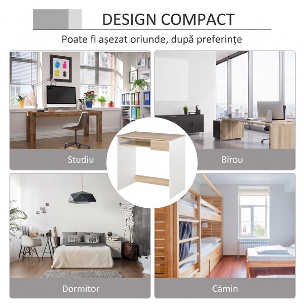 HOMCOM Birou pentru Dormitor, PC din Lemn, Blat Tastatură, Design Compact, Alb și Stejar, Ideal pentru Spații Mici | Aosom Romania