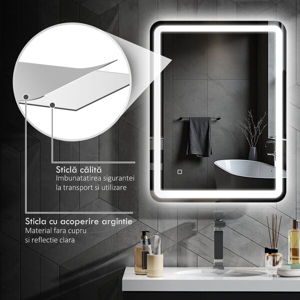 Kleankin Oglinda pentru baie cu lumini LED, 70 x 50 cm | Aosom Romania