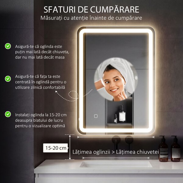 Kleankin Oglinda pentru baie cu lumini LED, 70 x 50 cm | Aosom Romania