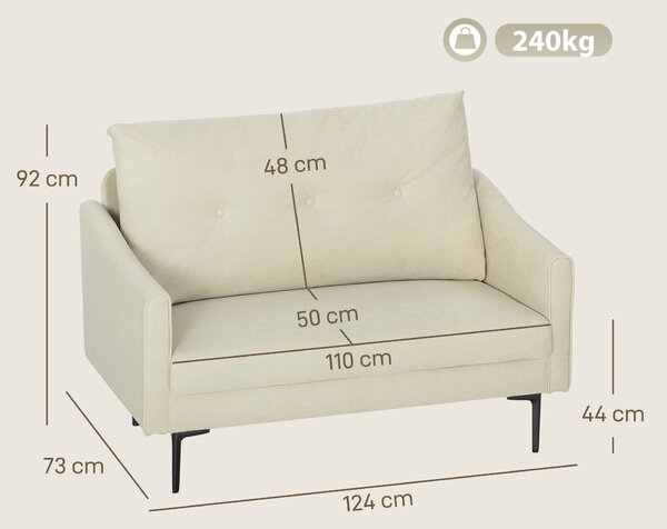 HOMCOM Canapea cu 2 Locuri din Catifea cu Spătar Matlasat și Pernă Detașabilă, Canapea Compactă Modernă cu Picioare din Metal pentru Sufragerie, 124x73x92 cm, Crem | Aosom Romania