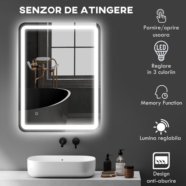Kleankin Oglinda pentru baie cu lumini LED, 70 x 50 cm | Aosom Romania