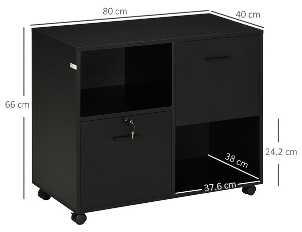 Vinsetto Dulap Mobil de Birou cu 2 Sertare pentru Dosare Rafturi Deschise PAL Manere Oțel Roti Blocare 80x40x66cm Negru | Aosom Romania