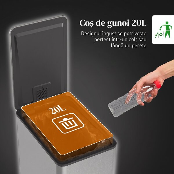 HOMCOM Coș de Gunoi de 20L Antiamprentă cu Închidere Lentă și Găleată Detașabilă, Coș cu Pedală, pentru Bucătărie, Living, Birou și Studiu, 21.5x37.2x57 cm, Argintiu | Aosom Romania