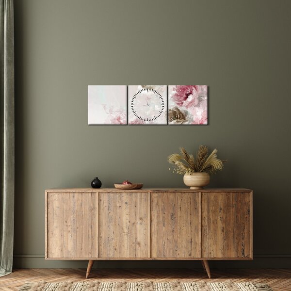 Tablou - Pictura flori roz (cu ceas) (90x30 cm)