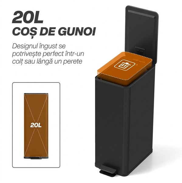 HOMCOM Coș de gunoi 20L cu închidere lentă și recipient detașabil, din oțel și PP, 21,5x37,2x57 cm, negru | Aosom Romania