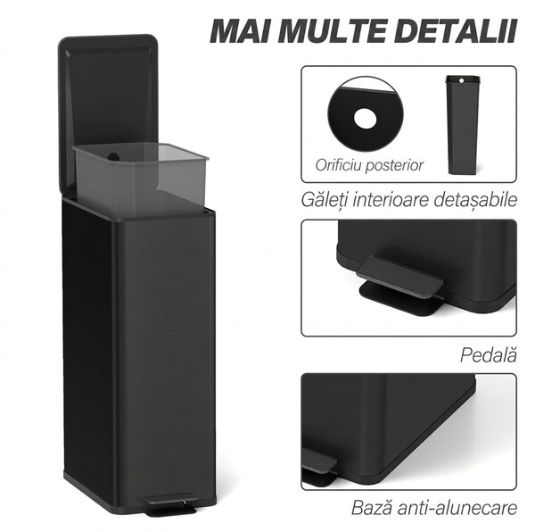 HOMCOM Coș de gunoi 20L cu închidere lentă și recipient detașabil, din oțel și PP, 21,5x37,2x57 cm, negru | Aosom Romania
