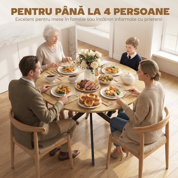 HOMCOM Masă de Sufragerie, Stil Industrial, Melamină din Lemn, Oțel,120cm X 120cm X 75cm,Stejar | Aosom Romania