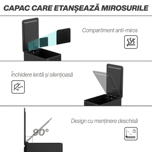 HOMCOM Coș de gunoi 20L cu închidere lentă și recipient detașabil, din oțel și PP, 21,5x37,2x57 cm, negru | Aosom Romania