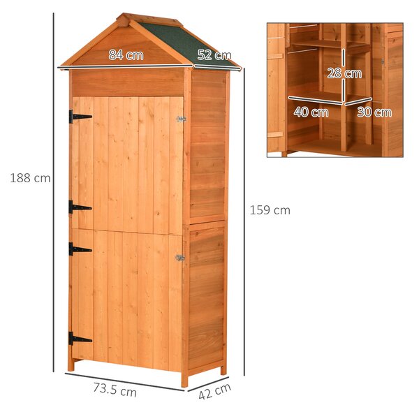 Outsunny Sopron de Gradina din Lemn cu 2 Usi, Dulap de Exterior Depozitare Unelte cu 3 Rafturi, 84x52x188cm