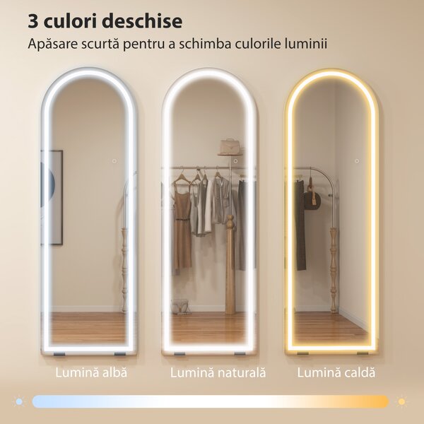 HOMCOM Oglindă de podea arcuită cu lumini, 150x50 cm, de perete și autoportantă, reglabilă, cu funcție de memorie, transparentă | Aosom Romania