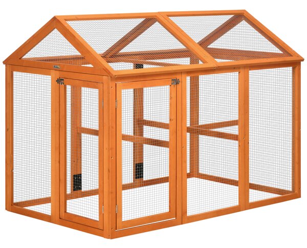PawHut Cotet Prefabricat din Lemn, Cotet pentru Gaini cu Usi Multiple si Plasa metalica, 140x88.5x106cm, Portocaliu | Aosom Romania