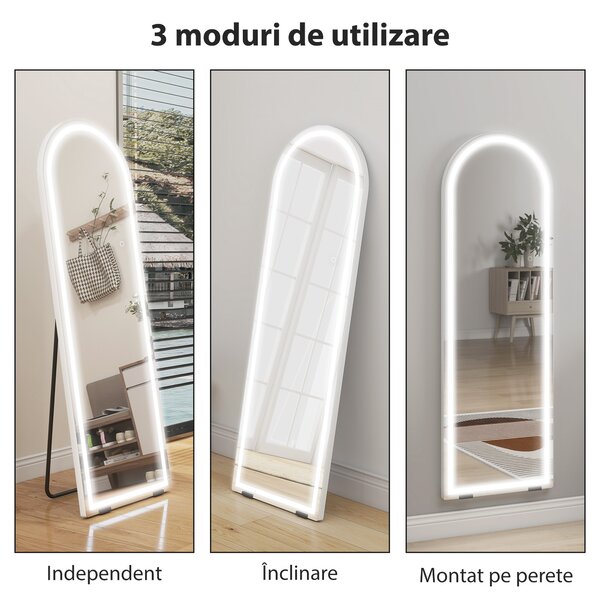 HOMCOM Oglindă de podea arcuită cu lumini, 150x50 cm, de perete și autoportantă, reglabilă, cu funcție de memorie, transparentă | Aosom Romania