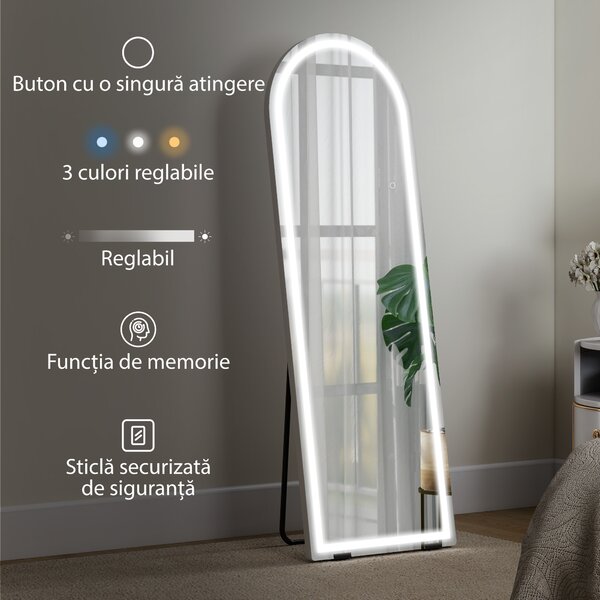 HOMCOM Oglindă de podea arcuită cu lumini, 150x50 cm, de perete și autoportantă, reglabilă, cu funcție de memorie, transparentă | Aosom Romania