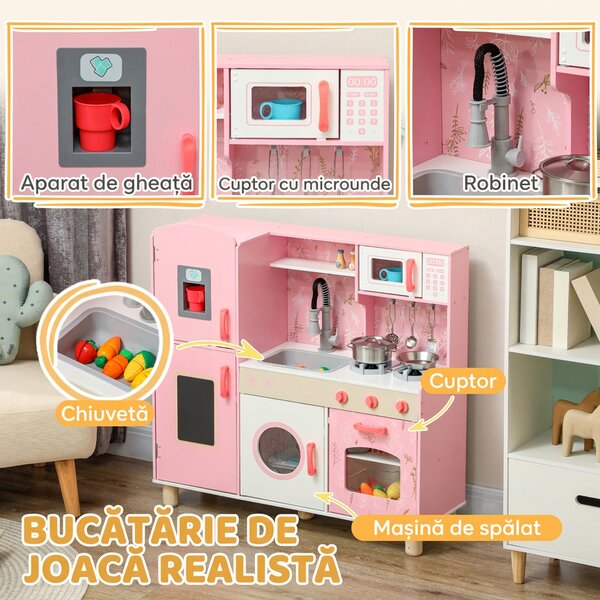 AIYAPLAY Set Bucătărie de Jucărie din Lemn, cu Lumini și Sunete, Roz | Aosom Romania