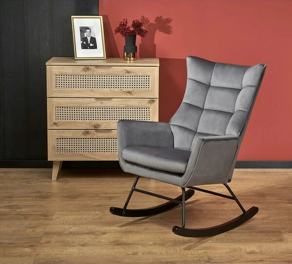 Scaun balansoar tapitat BAZALTO, gri/negru, stofa catifelata, 70x90x92