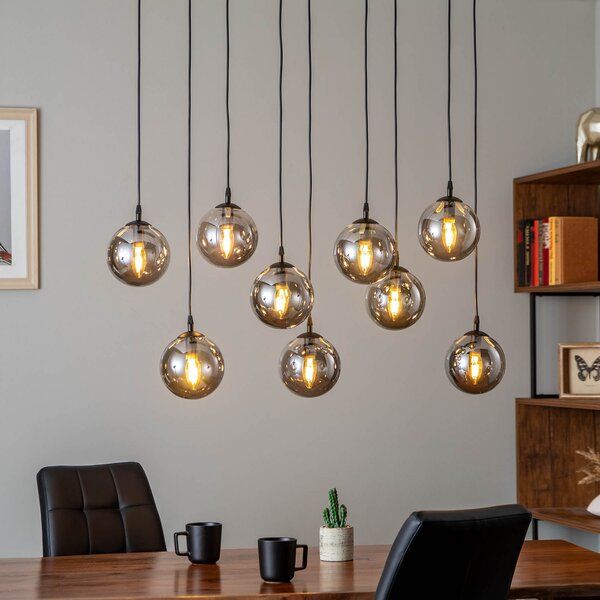 EMIBIG LIGHTING Lampă suspendată Glassy, 9 becuri, negru, grafit, sticlă, E14, reglabil, Negru, Camera de zi / sufragerie, Metal, Modern