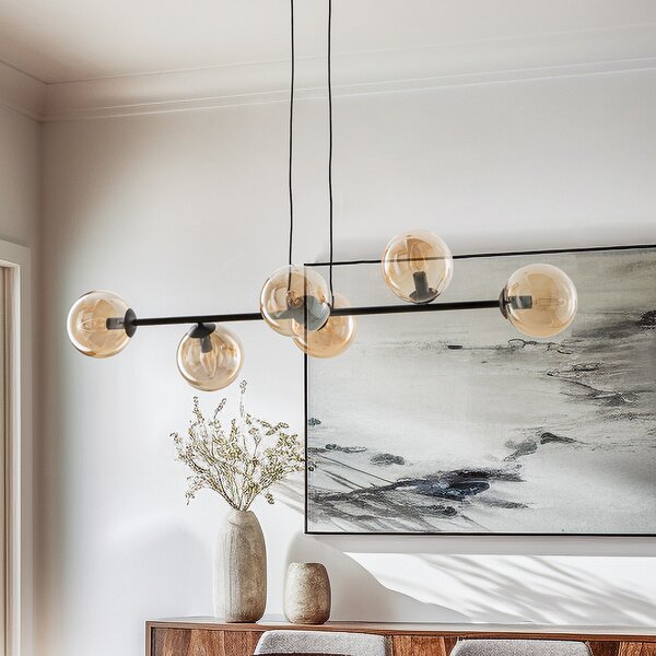 EMIBIG LIGHTING Lampă suspendată Glassy, 6 becuri, negru, chihlimbar, sticlă, 110 cm, reglabil, Negru, Camera de zi / sufragerie, Metal, Modern