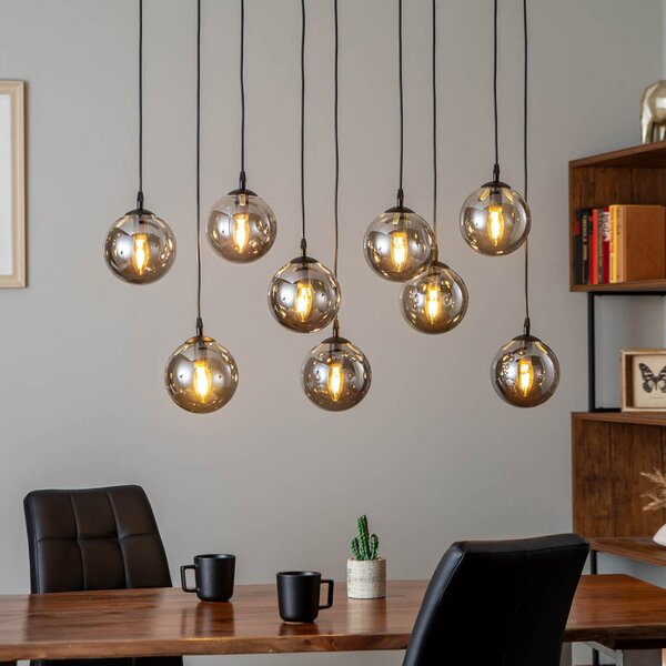 EMIBIG LIGHTING Lampă suspendată Glassy, 9 becuri, negru, grafit, sticlă, E14, reglabil, Negru, Camera de zi / sufragerie, Metal, Modern