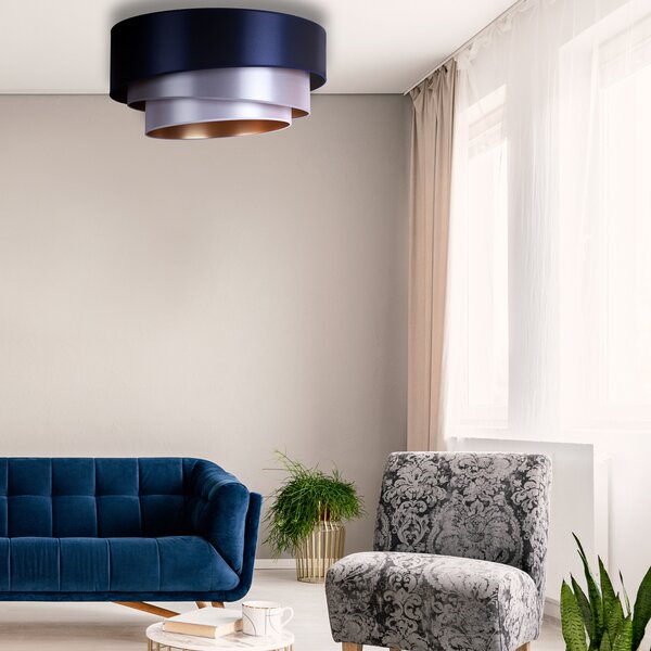 Euluna Plafonieră Trio Ø 60 cm, bleumarin/argintiu/alb/auriu, reglabil, Albastru, Camera de zi / sufragerie, Țesătură / Textil