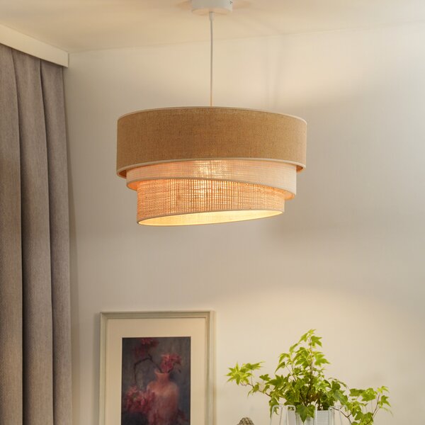 Euluna lampă suspendată Trio iută, maro natural/alb/rafie, Ø 45 cm, reglabil, Maro / Rugină, Camera de zi / sufragerie, Țesătură / Textil
