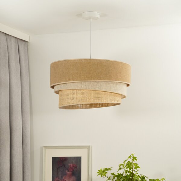 Euluna lampă suspendată Trio iută, maro natural/alb/rafie, Ø 45 cm, reglabil, Maro / Rugină, Camera de zi / sufragerie, Țesătură / Textil