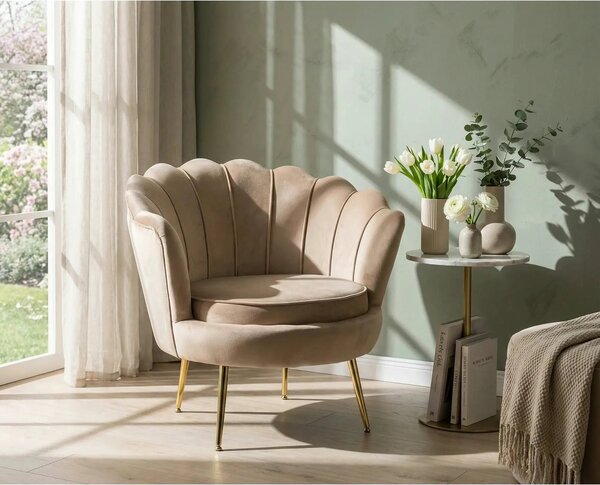 Fotoliu scoica CAMELLIA 1, stofa catifelata bej - Bluvel 28, 81x76x77