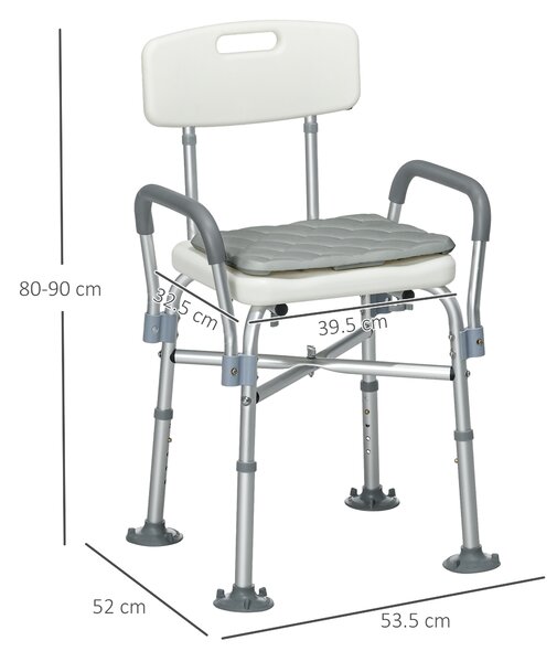 HOMCOM Scaun de Baie din Aluminiu Reglabil, cu Spătar și Brațe, Pernă Moale, Antialunecare, Alb | Aosom Romania