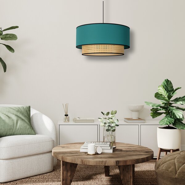 Duolla Lampă suspendată Boho, petrol/lemn, Ø 45 cm, textil/rattan, reglabil, Lemn, Camera de zi / sufragerie, Țesătură / Textil, Casă de țară / Rustic
