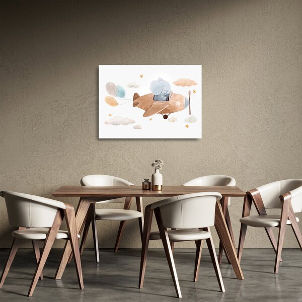 Tablou pe sticlă - Acuarelă elefant într-un avion (70x50 cm)