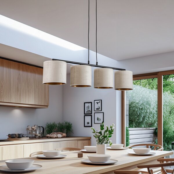 EMIBIG LIGHTING Lampă suspendată Jari cu abajur din pânză, 4 becuri, lungă, alb-auriu, reglabil, Alb, Camera de zi / sufragerie, Țesătură / Textil