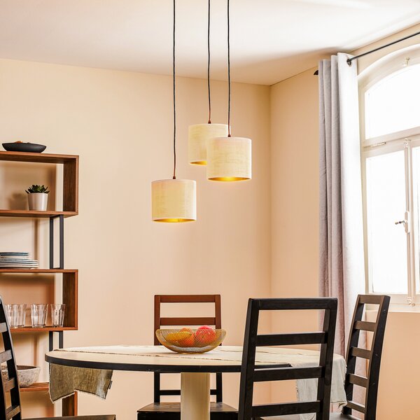 EMIBIG LIGHTING Lampă suspendată Jari cu abajur din pânză 3 becuri rotundă alb-auriu, reglabil, Alb, Camera de zi / sufragerie, Țesătură / Textil