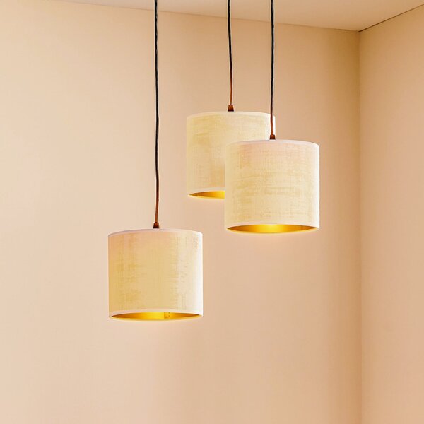 EMIBIG LIGHTING Lampă suspendată Jari cu abajur din pânză 3 becuri rotundă alb-auriu, reglabil, Alb, Camera de zi / sufragerie, Țesătură / Textil